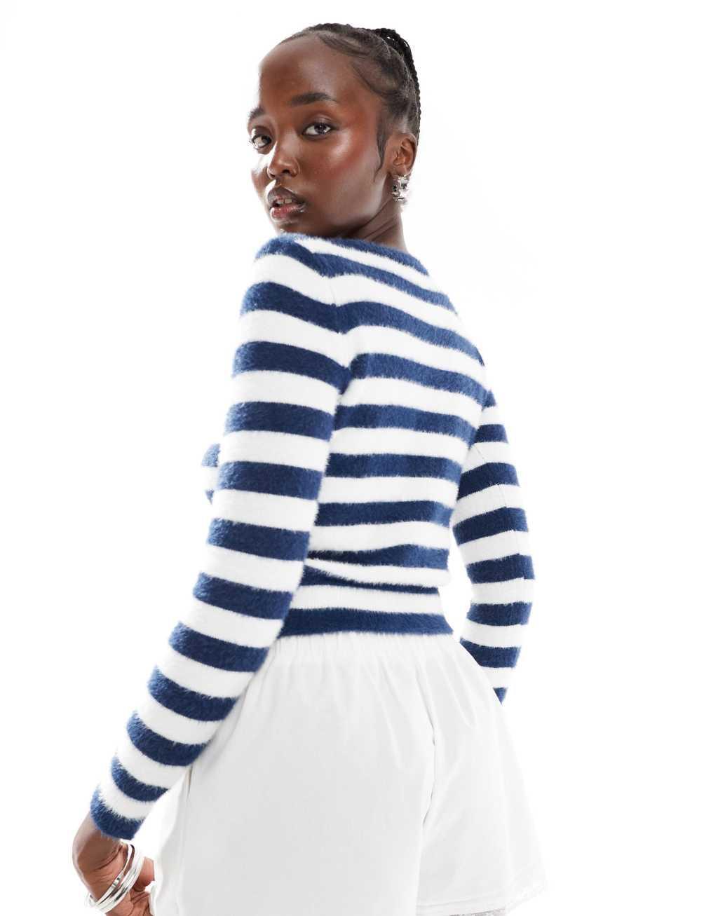 Daisy Street fluffy knit micro cardigan in white navy stripe Product Image