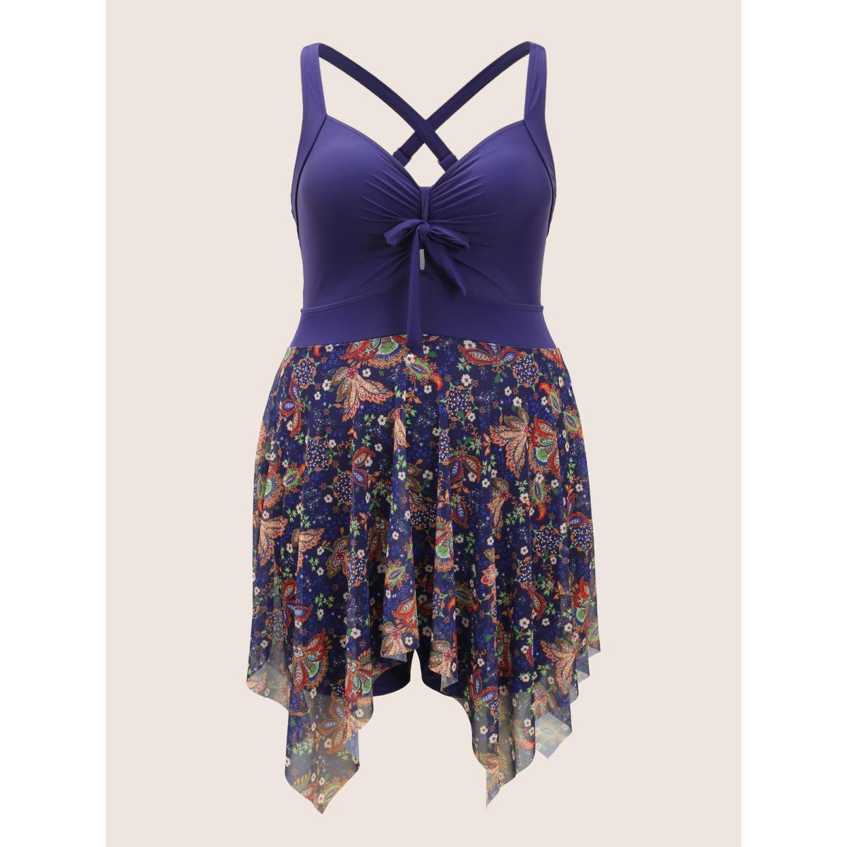 Plus Size Patchwork Ruched Knot Asymmetrical Hem Swim Dress Women's Swimwear Indigo Beach Bodycon Heart neckline High stretch Curve Swim Dresses BloomChic 18-20/2X Product Image