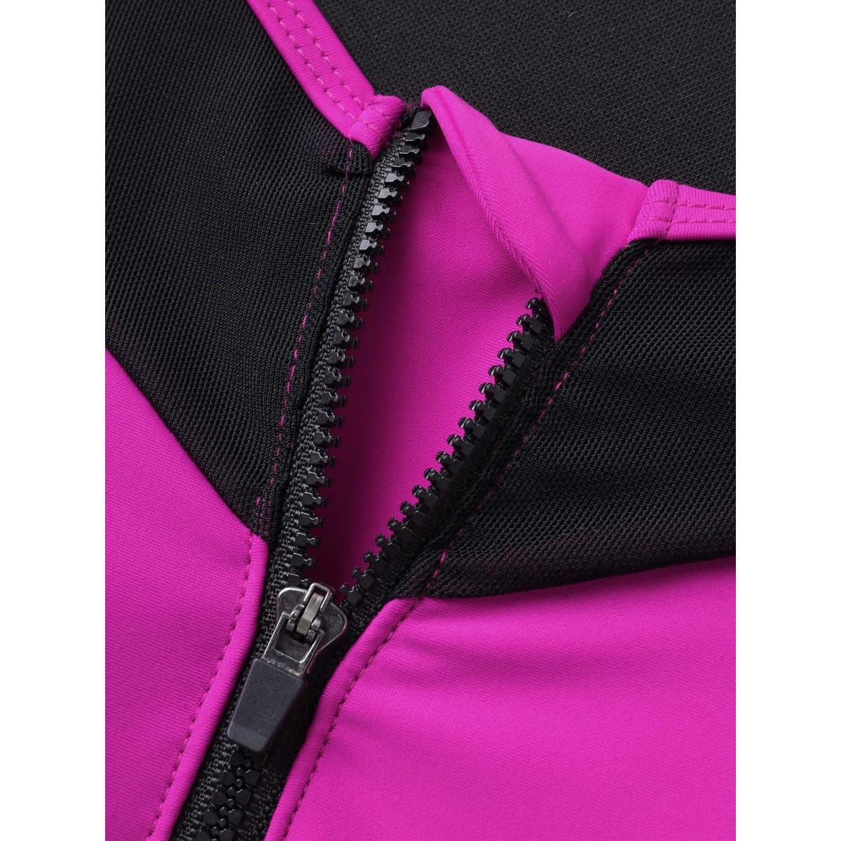 Plus Size Glide Lock Zipper Color Block Swim Top Women's Swimwear RedViolet Beach Contrast High stretch Skinny U-neck Curve Swim Tops BloomChic 14-16/1X Product Image