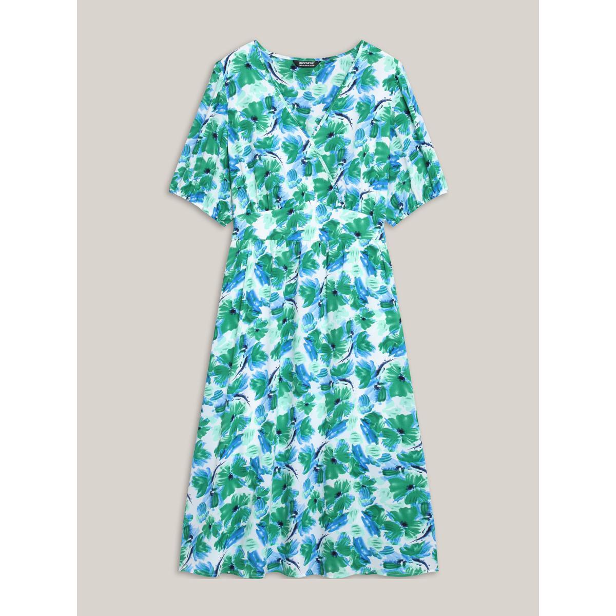 Plus Size Brush Stroke Floral Surplice Neck Midi Dress Mediumblue Women Elegant Gathered Overlap Collar Short sleeve Curvy BloomChic 10/M Product Image