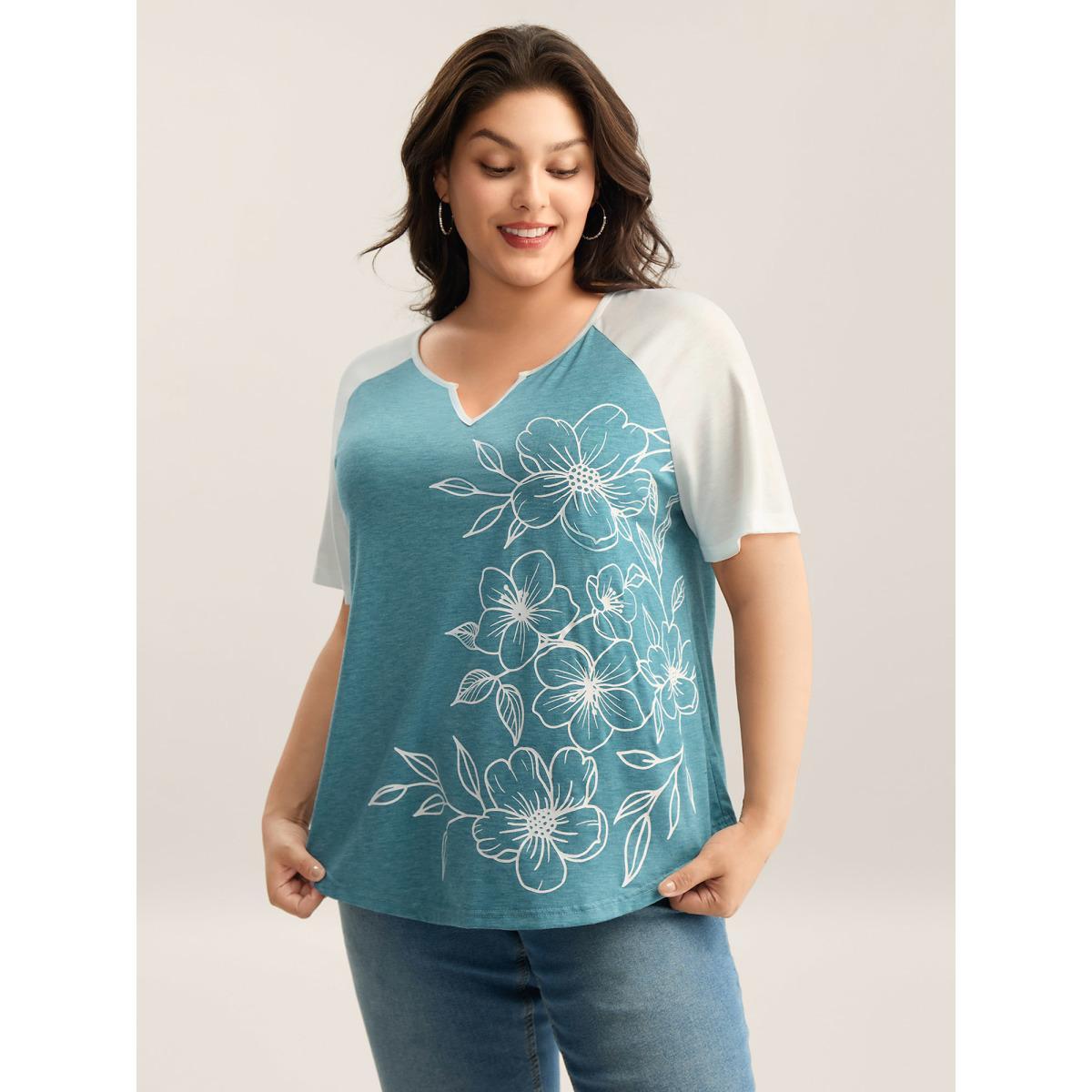 Plus Size Supersoft Heather Split Neck T-Shirt Cerulean Women Contrast Flat collar with V-notch Everyday-Casual T-shirts BloomChic 10/M Product Image