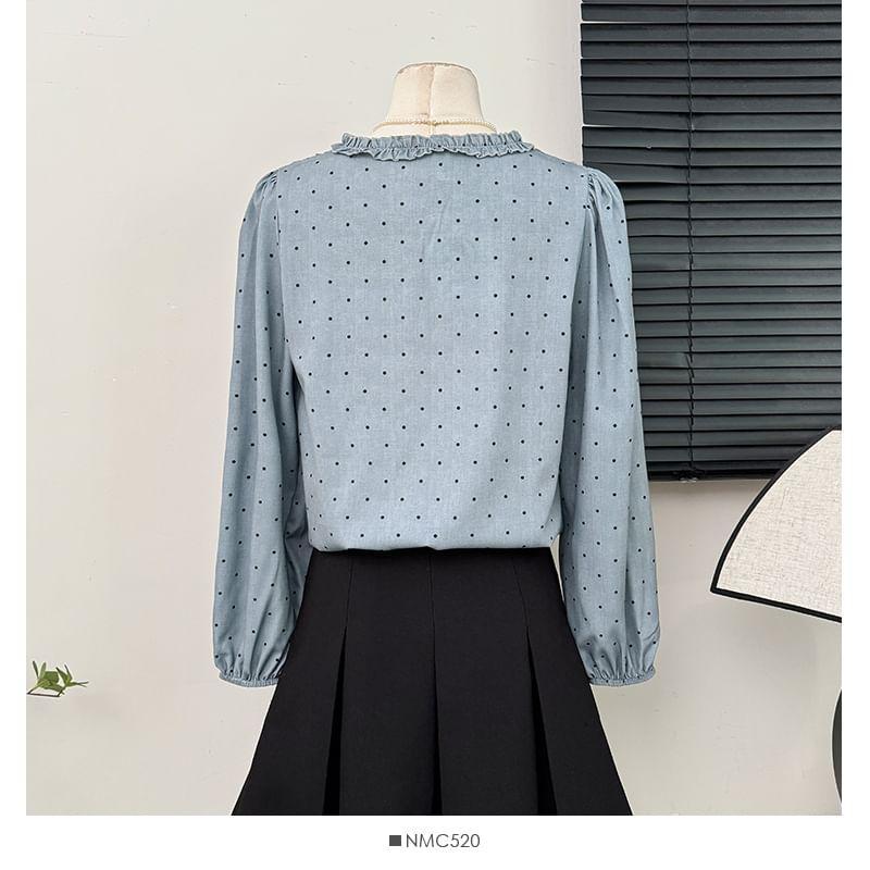 Neckline-Detail Dotted Loose Blouse Product Image
