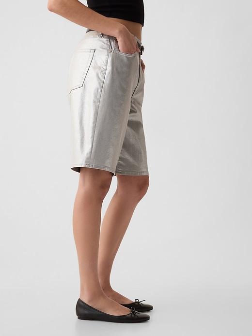 11.5" Mid Rise Metallic Longline Denim Shorts Product Image