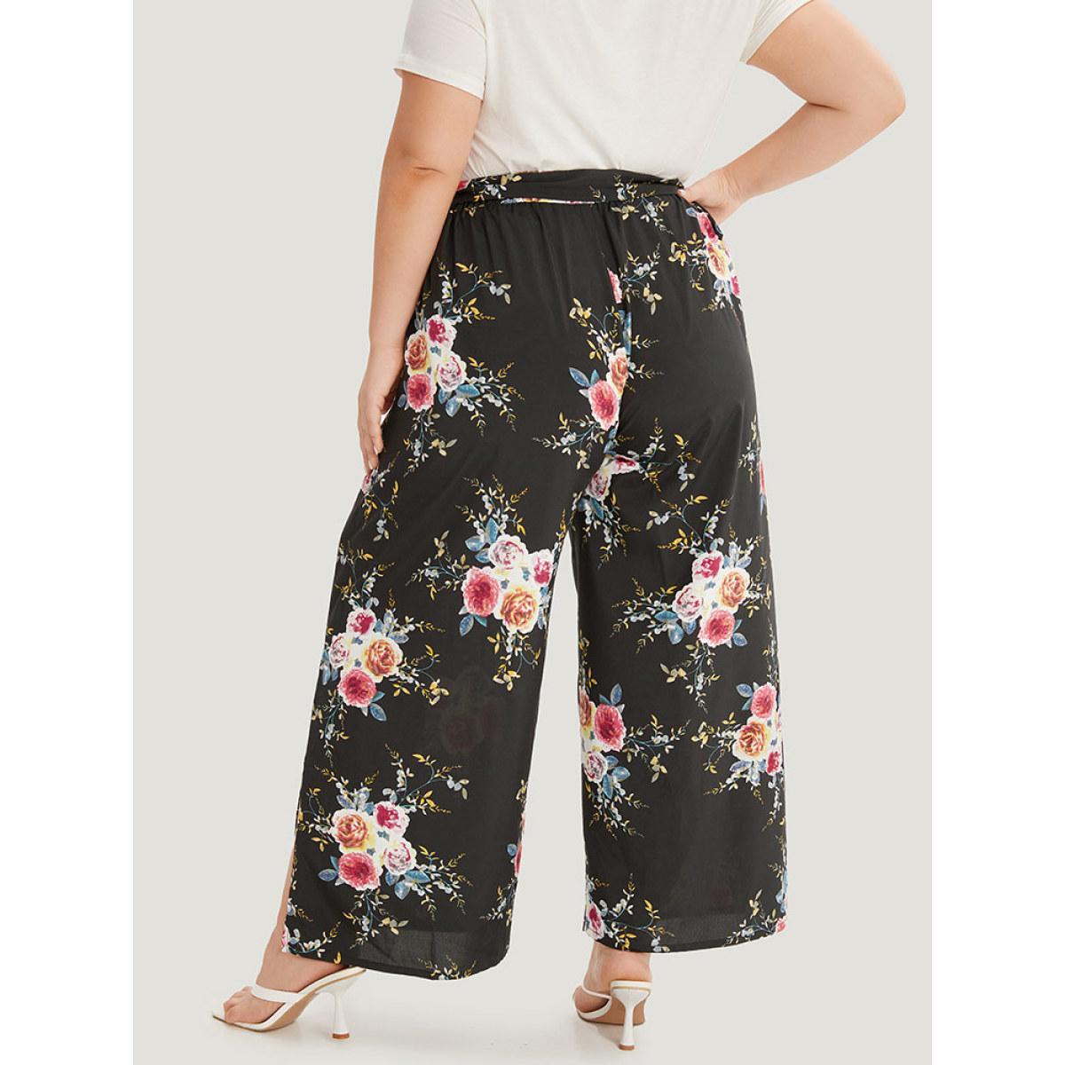 Plus Size Floral Print Belted Split Side Pleated Pants Women BlackFlower Elegant Straight Leg High Rise Dailywear Pants BloomChic 22-24/3X Product Image