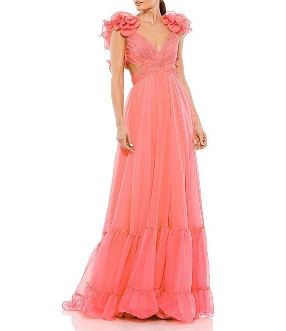 Ieena Mac Duggal Chiffon V-Neck Sleeveless Cut-Out Strappy Back Detail Tiered Ruffle Hem Gown Product Image