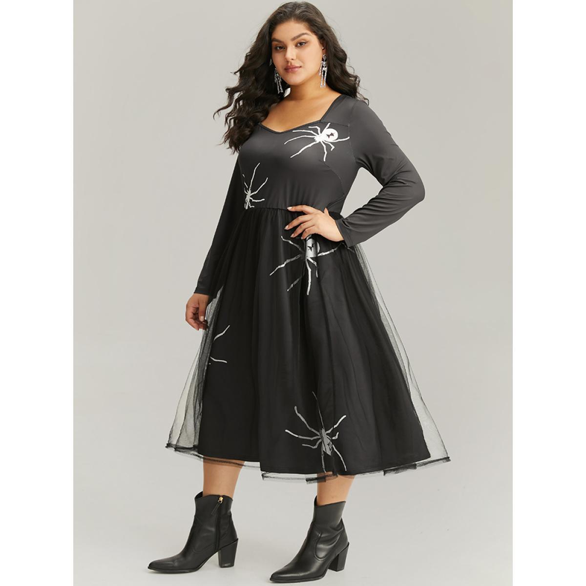 Plus Size Halloween Spider Mesh Square Neck Dress Black Women Casual Printed Square Neck Long Sleeve Curvy Midi Dress BloomChic 18-20/2X Product Image