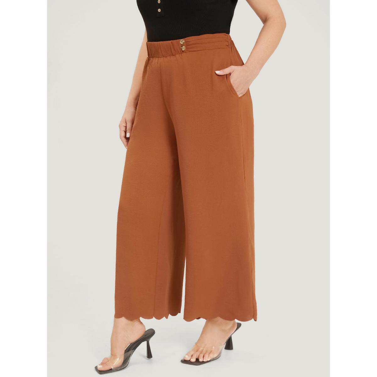 Plus Size Solid Button Detail Ruched Pocket Scalloped Trim Pants Women Rust Elegant Straight Leg High Rise Dailywear Pants BloomChic 14-16/1X Product Image