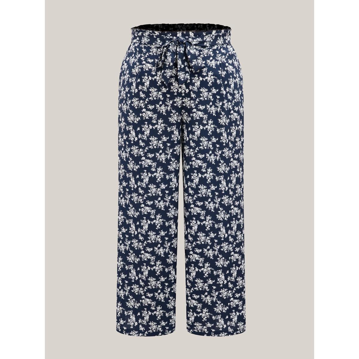 Plus Size Floral Print Waist Stretchy Wide Leg Pants Women Indigo Casual Wide Leg Mid Rise Everyday Pants BloomChic 30/6X Product Image