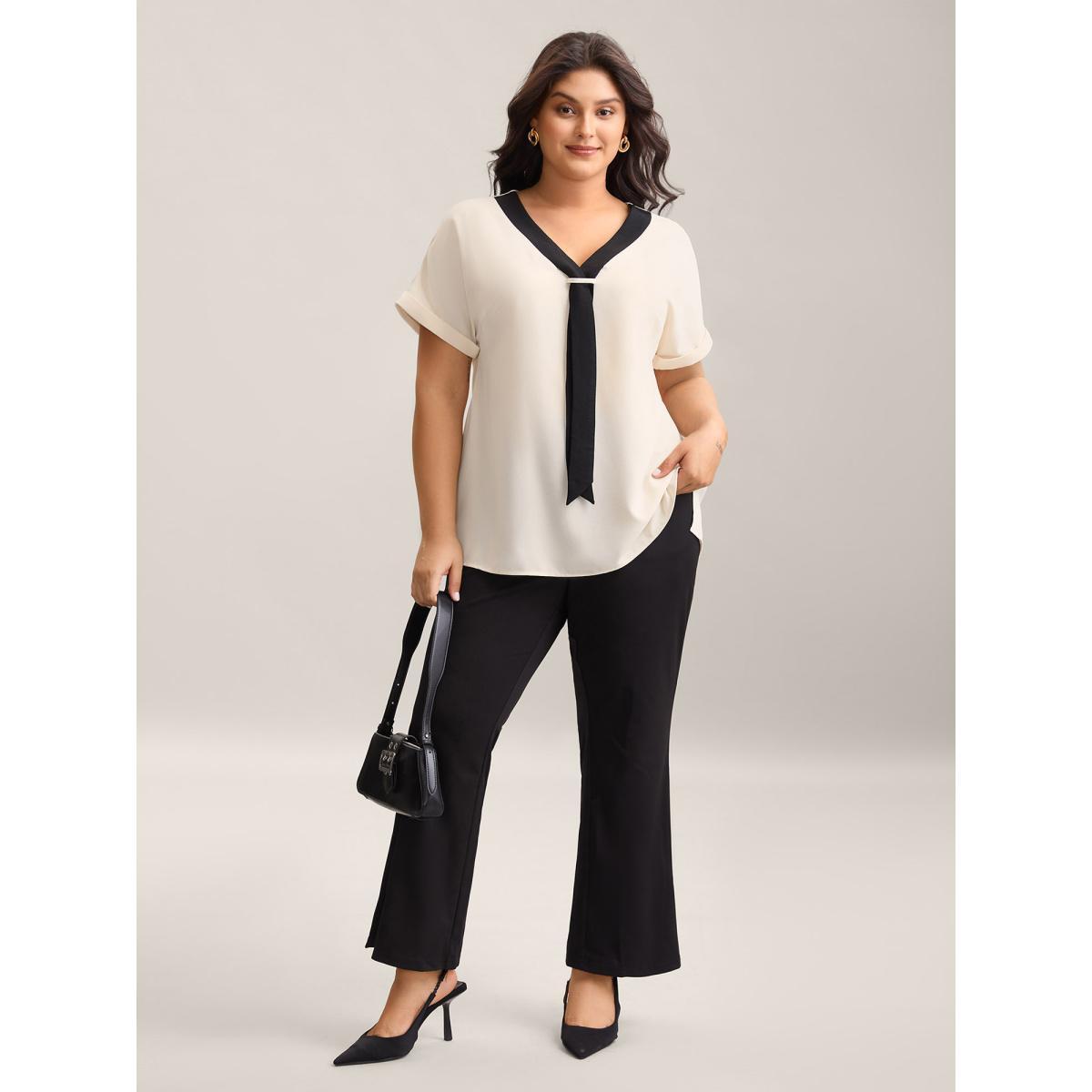 Plus Size Beige Collar Tie Color Contrast Blouse Women Short sleeve Ribbon-tied collar Work Blouses BloomChic 18-20/2X Product Image