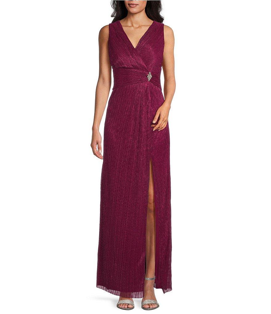 R & M Richards Sleeveless V-Neck Front Slit Pleated Metallic Dress Product Image