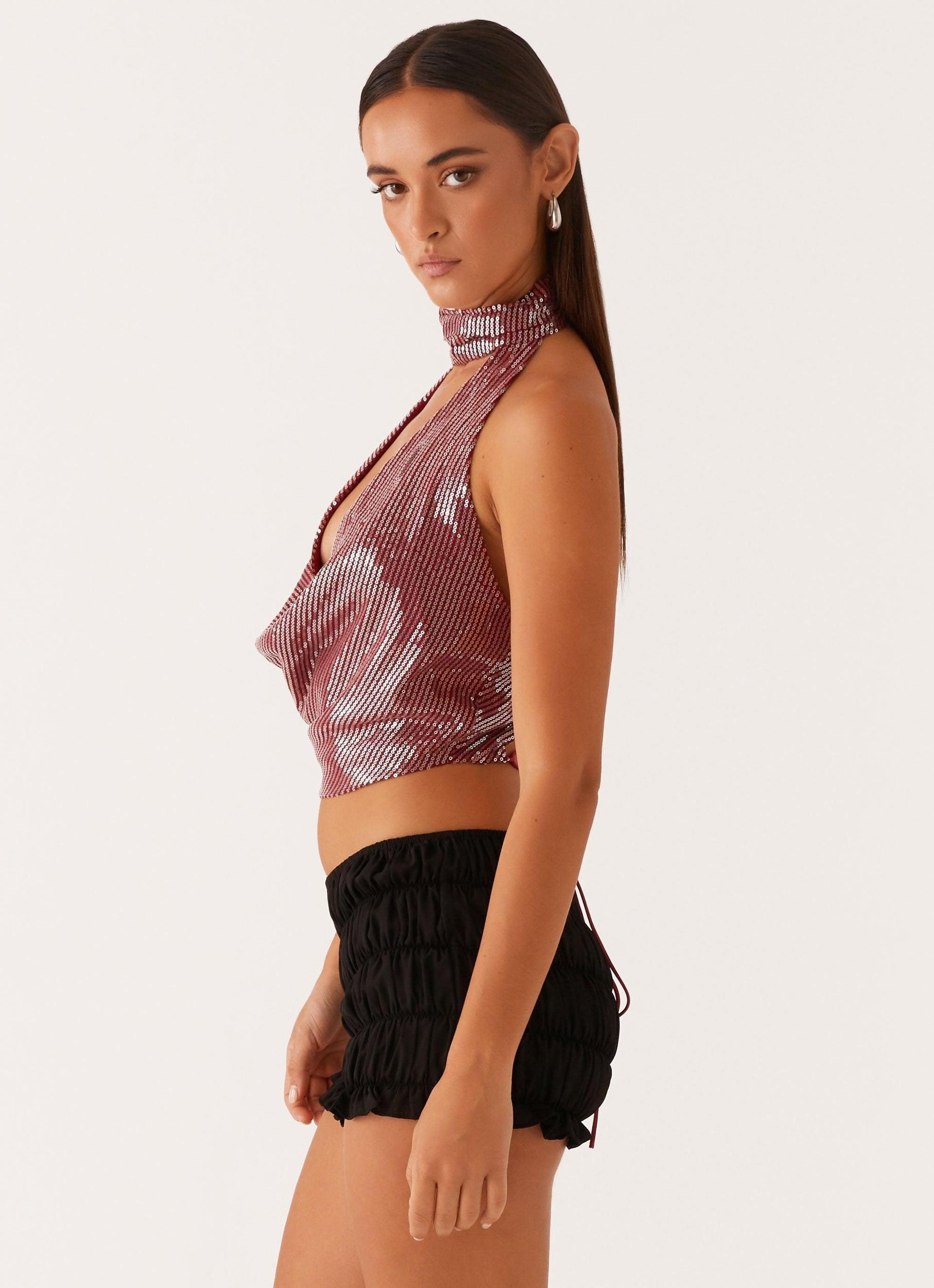 Nora Sequin Cowl Top - Red Girls Product Image