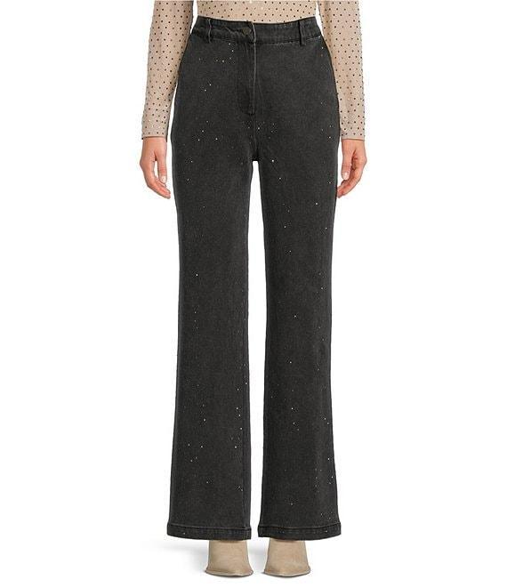 Skies Are Blue Denim Rhinestone High Rise Wide Leg Jeans Product Image