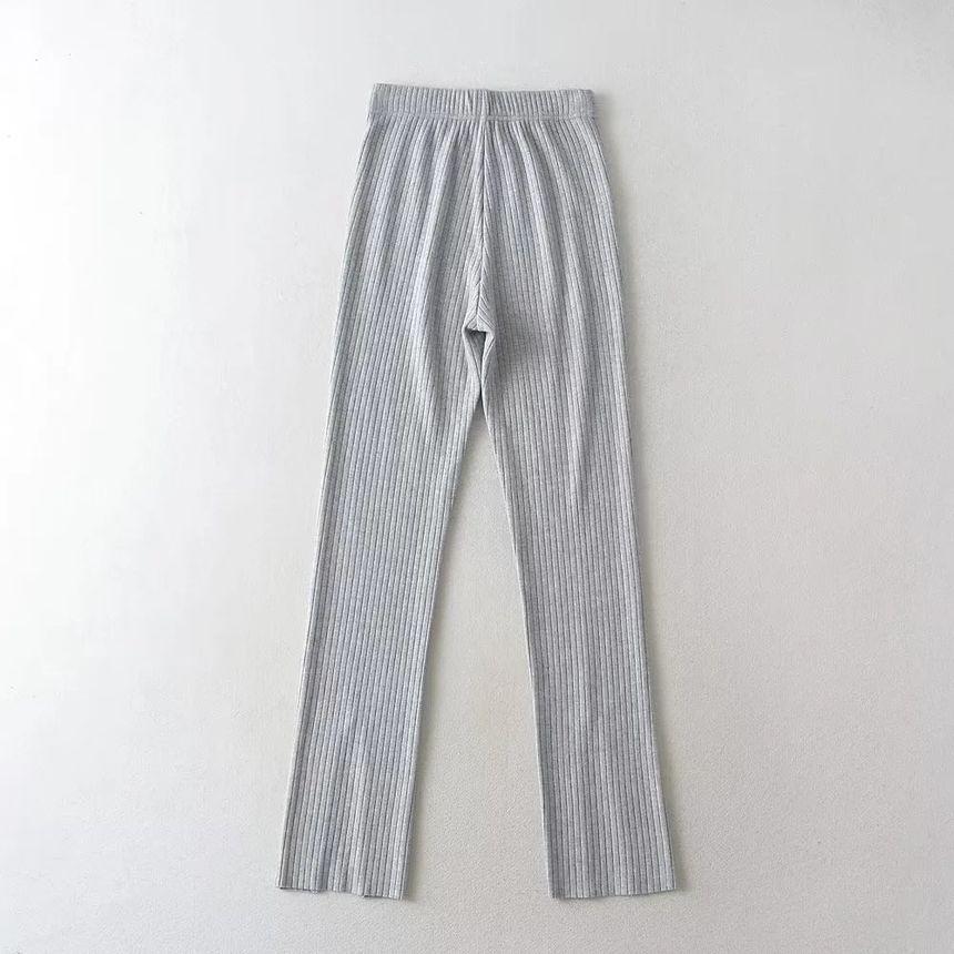 High-Waist Ribbed-Knit Slit Leggings Product Image