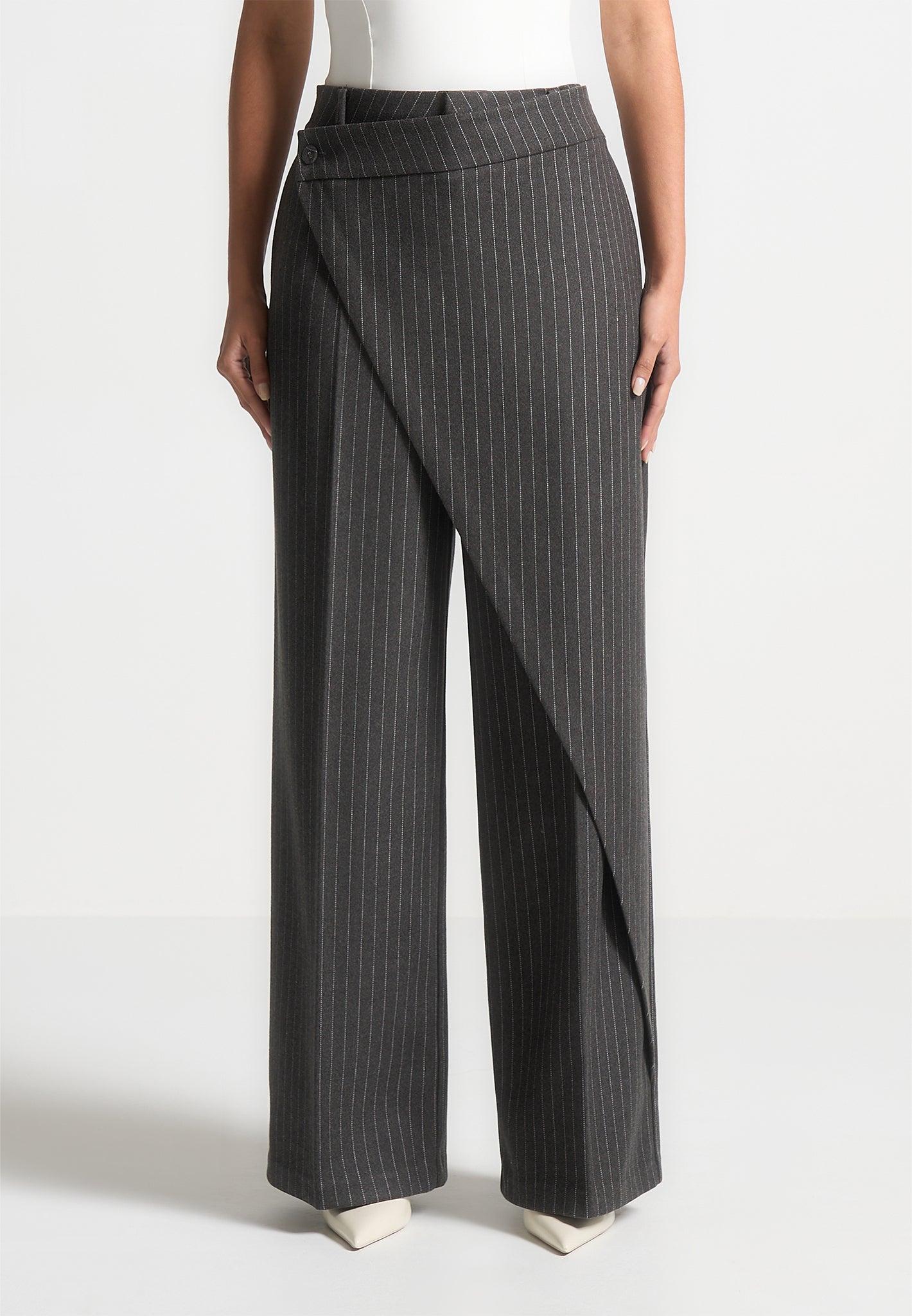 Wool Pinstripe Wrap Tailored Trousers - Grey Female Product Image