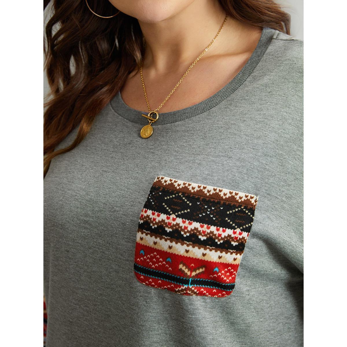 Plus Size Bandana Print Patchwork Patched Pocket Sweatshirt Women Gray Casual Elastic cuffs Round Neck Festival-Christmas Sweatshirts BloomChic 28/5X Product Image