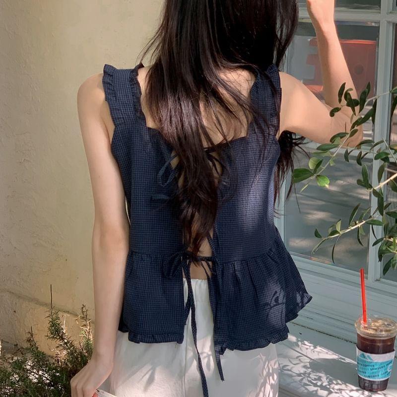Ruffle Strap Tie Back Gingham Peplum Cami Top Product Image