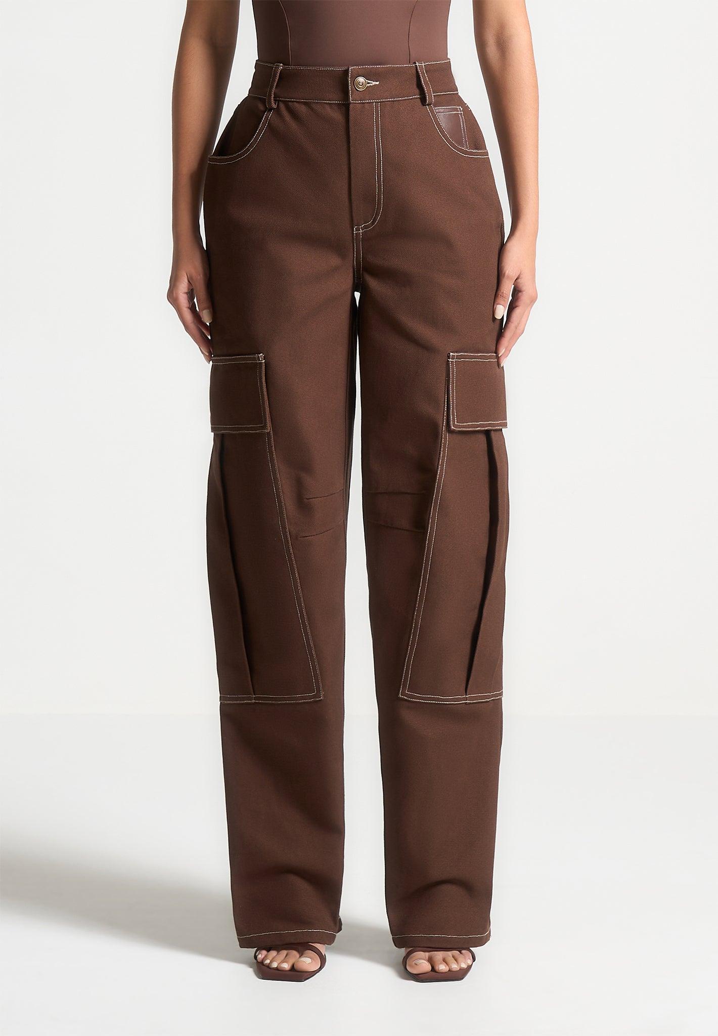 High Rise Drill Cargo Pants - Brown Female Product Image