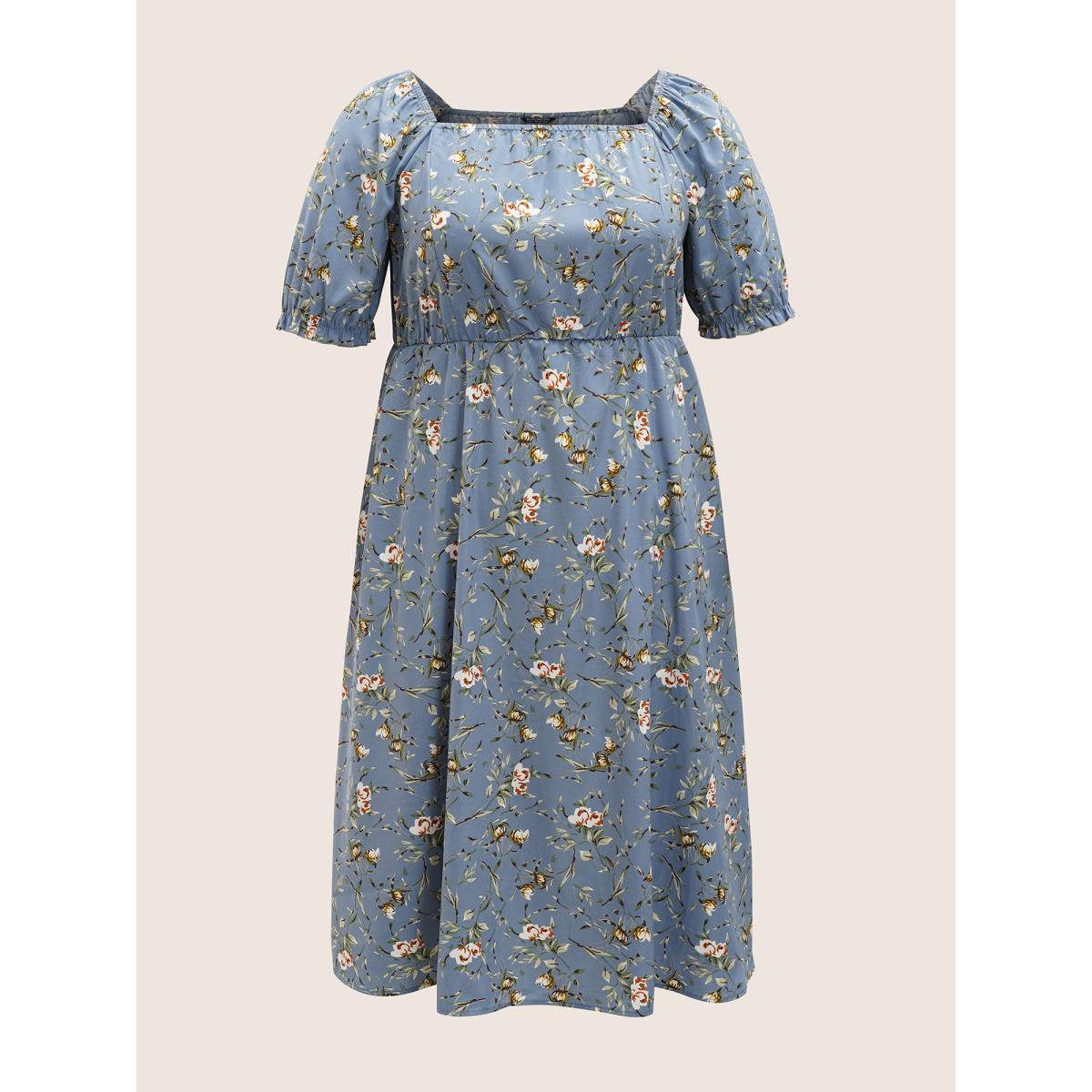 Plus Size Ditsy Floral Square Neck Elastic Waist Gathered Dress Stone Women Elegant Non Square Neck Short sleeve Curvy Midi Dress BloomChic 30/6X Product Image