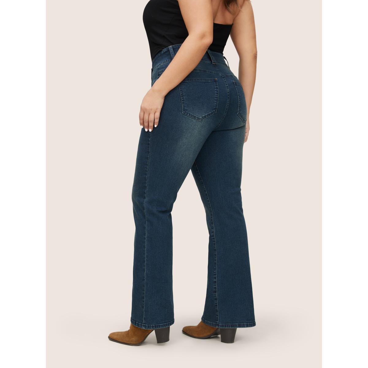 Plus Size Bootcut Button Through Full Length Jeans Women Aegean Casual Plain Non High stretch Slanted pocket Jeans BloomChic 30/6X Product Image