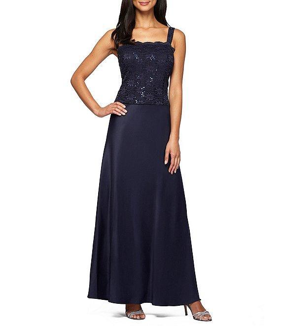 Alex Evenings Sequin Embellished Floral Lace Square Neck A-Line 3/4 Sleeve Satin 2-Piece Jacket Gown Product Image