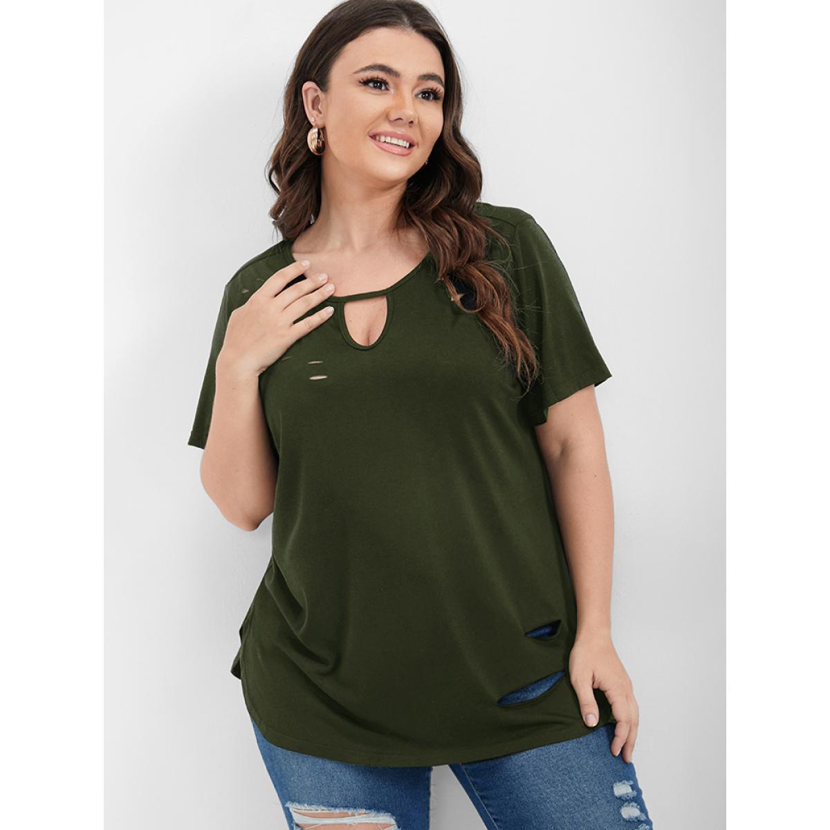 Plus Size Plain Arc Hem Ripped Keyhole Round Neck T-shirt ArmyGreen Women Casual Arc Hem Plain Keyhole Cut-Out Dailywear T-shirts BloomChic 14-16/1X Product Image