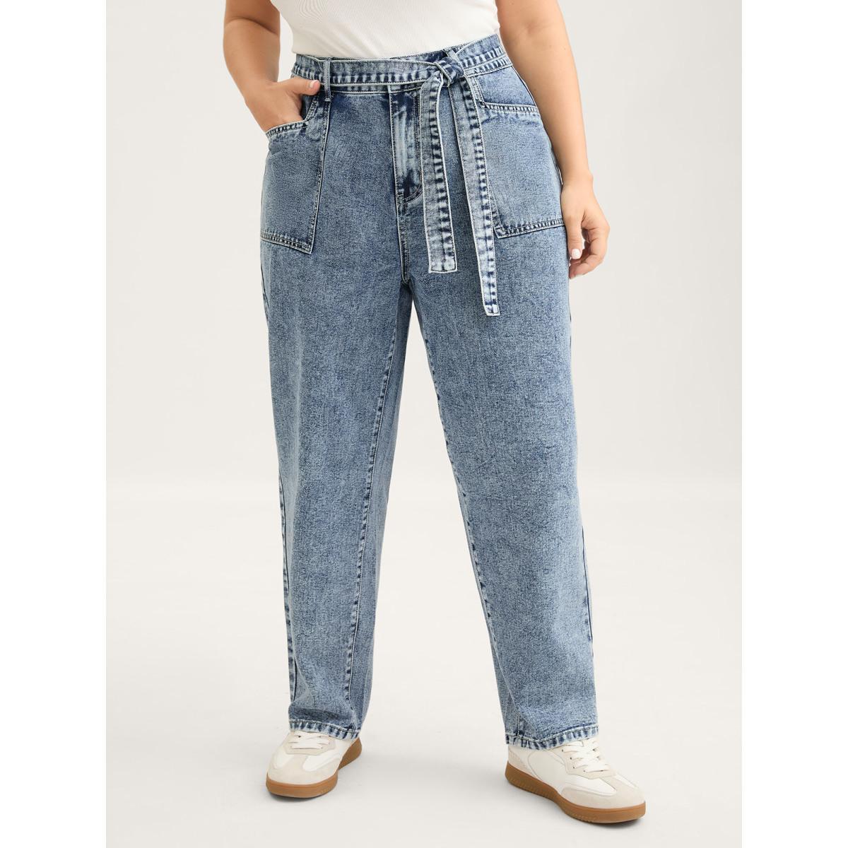 Plus Size Waist Belted Pockets Boyfriend Jeans Women Midblue Low stretch Slanted pocket Jeans BloomChic 14/1X Product Image