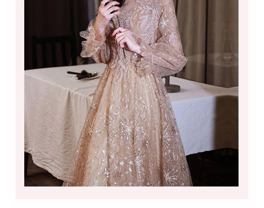 Long-Sleeve Round Neck Embroidered Sequin Mesh A-Line Cocktail Dress / Evening Gown Product Image