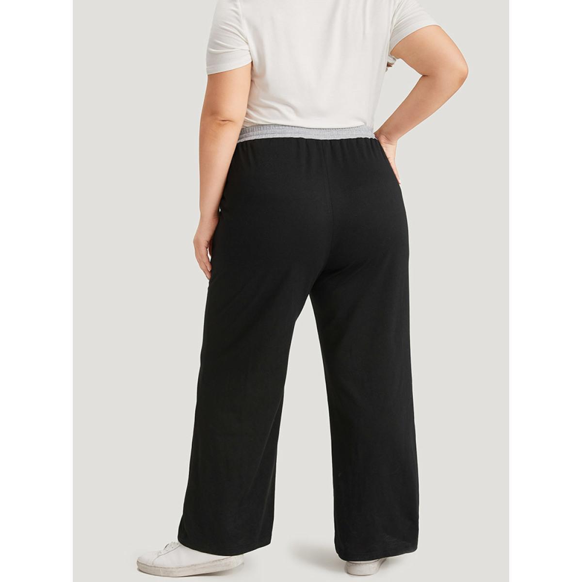 Plus Size Contrast Patchwork Drawstring Straight Leg Pants Women Black Casual High Rise Dailywear Pants BloomChic 30/6X Product Image