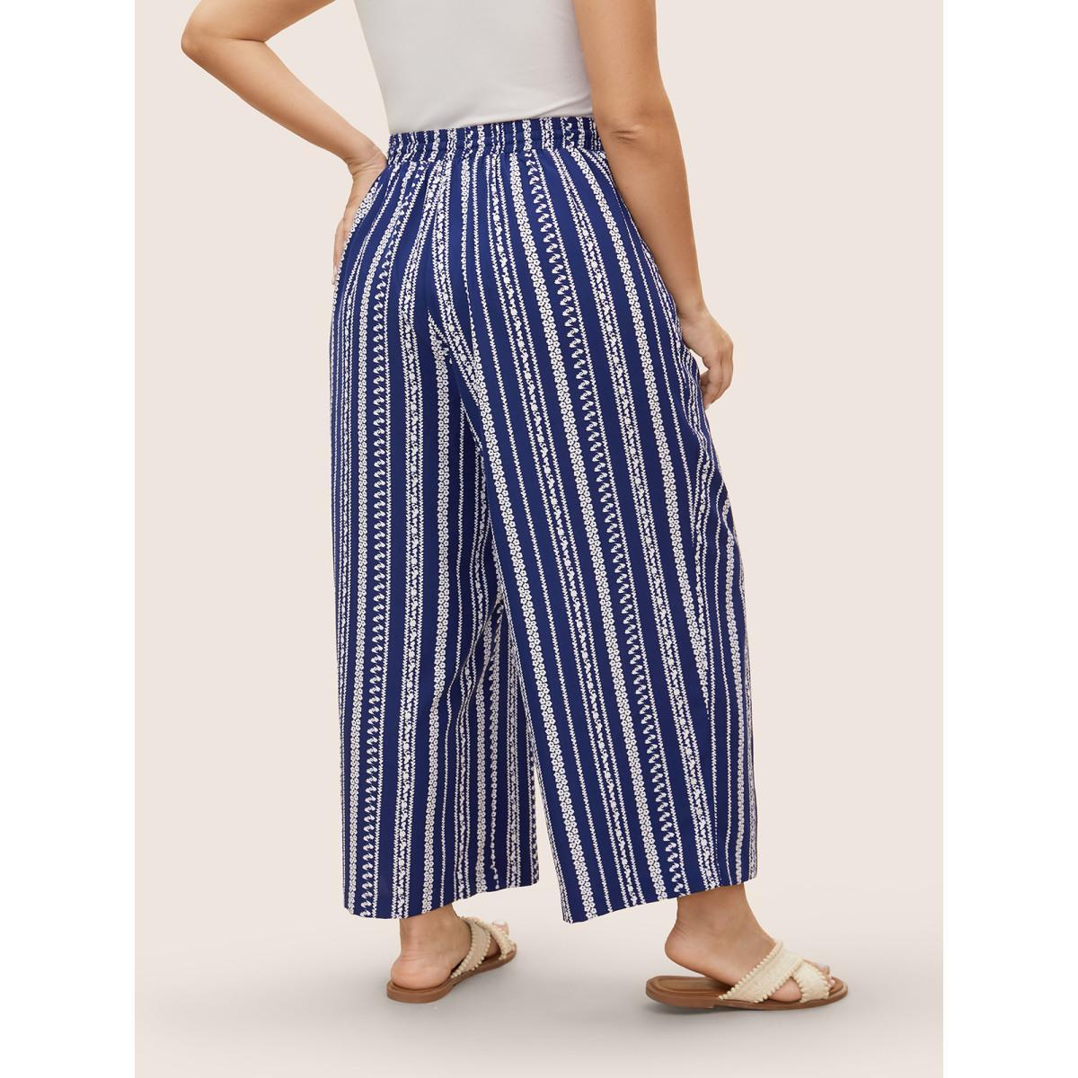 Plus Size Bandana Striped Tassel Drawstring Wide Leg Pants Women DarkBlue Resort Wide Leg Mid Rise Vacation Pants BloomChic 28/5X Product Image
