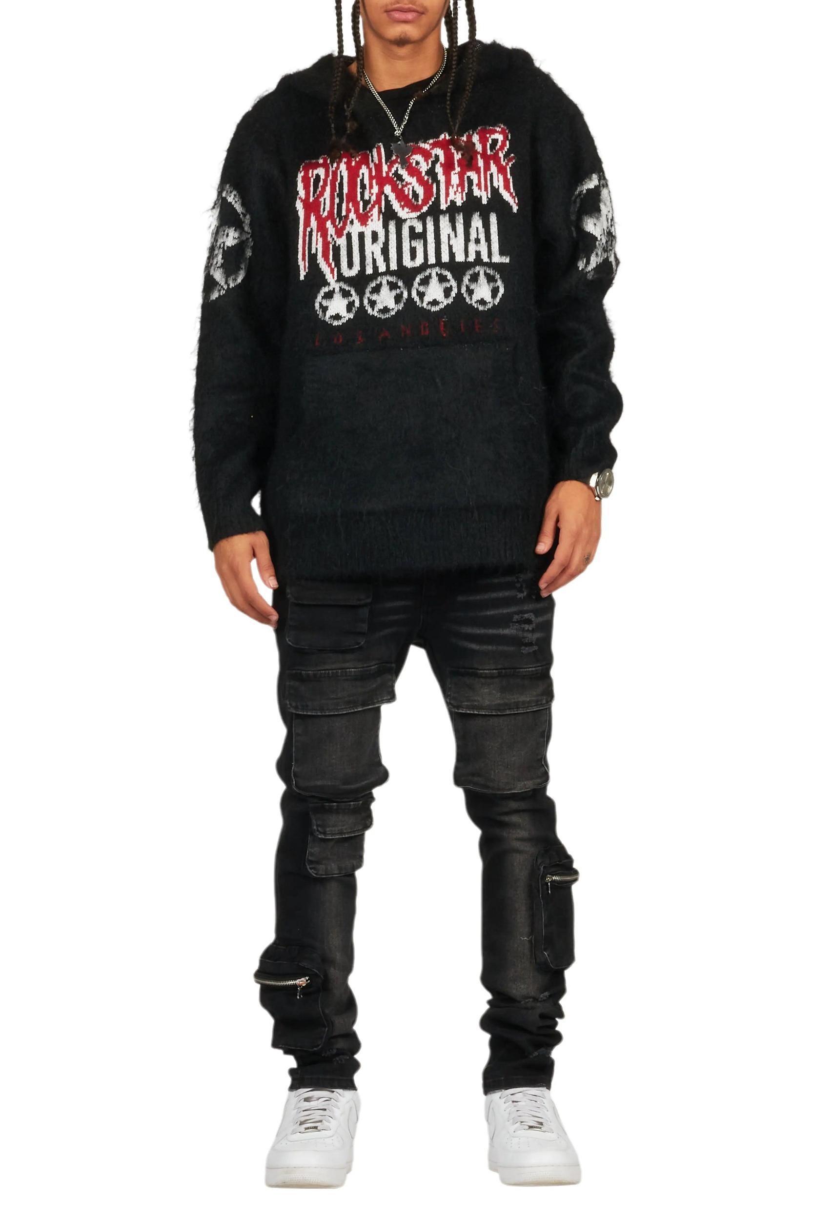 Wizzurd Black Graphic Knitted Mohair Hoodie Male Product Image