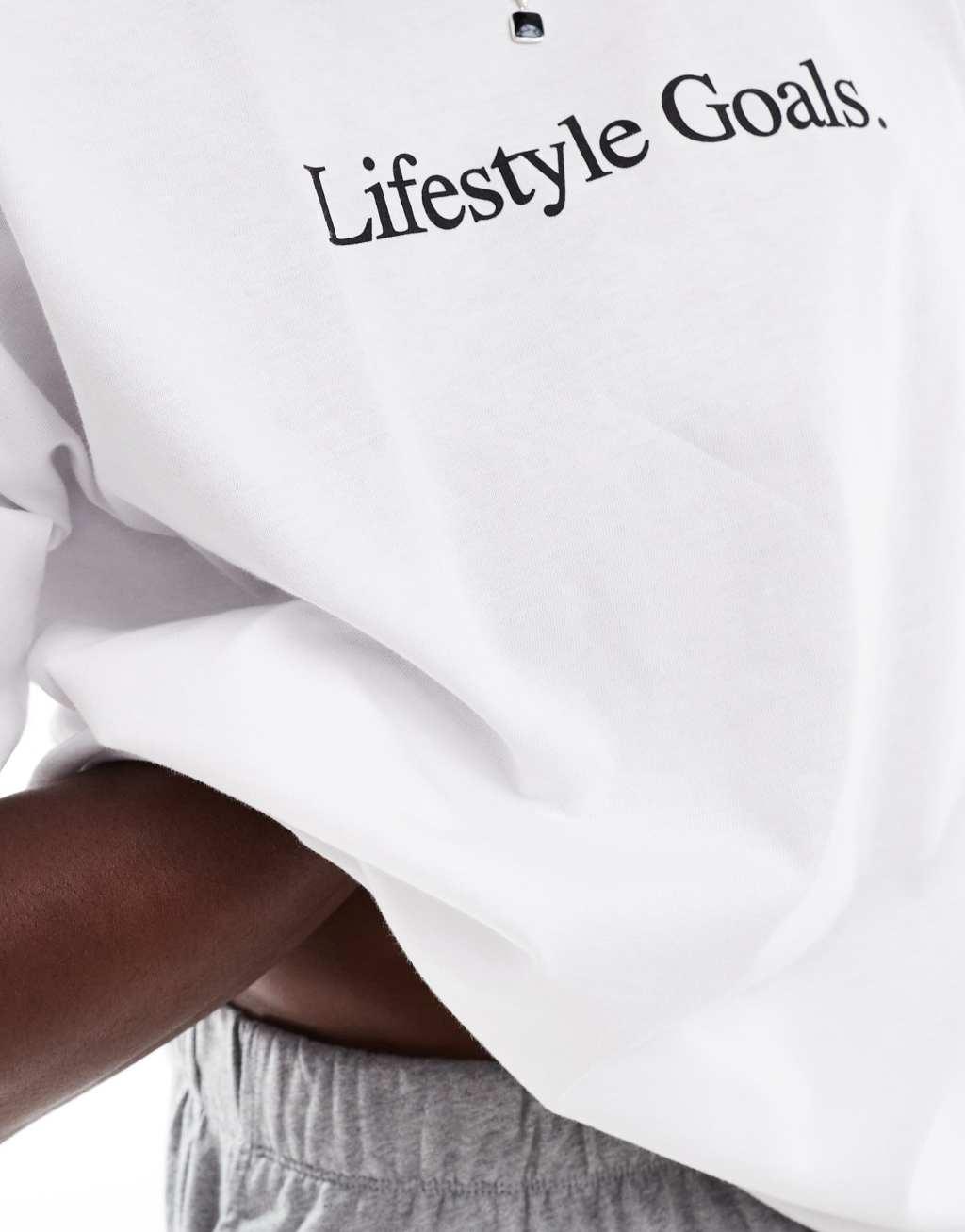 ASOS DESIGN pajama set with lifestyle goals slogan in white Product Image
