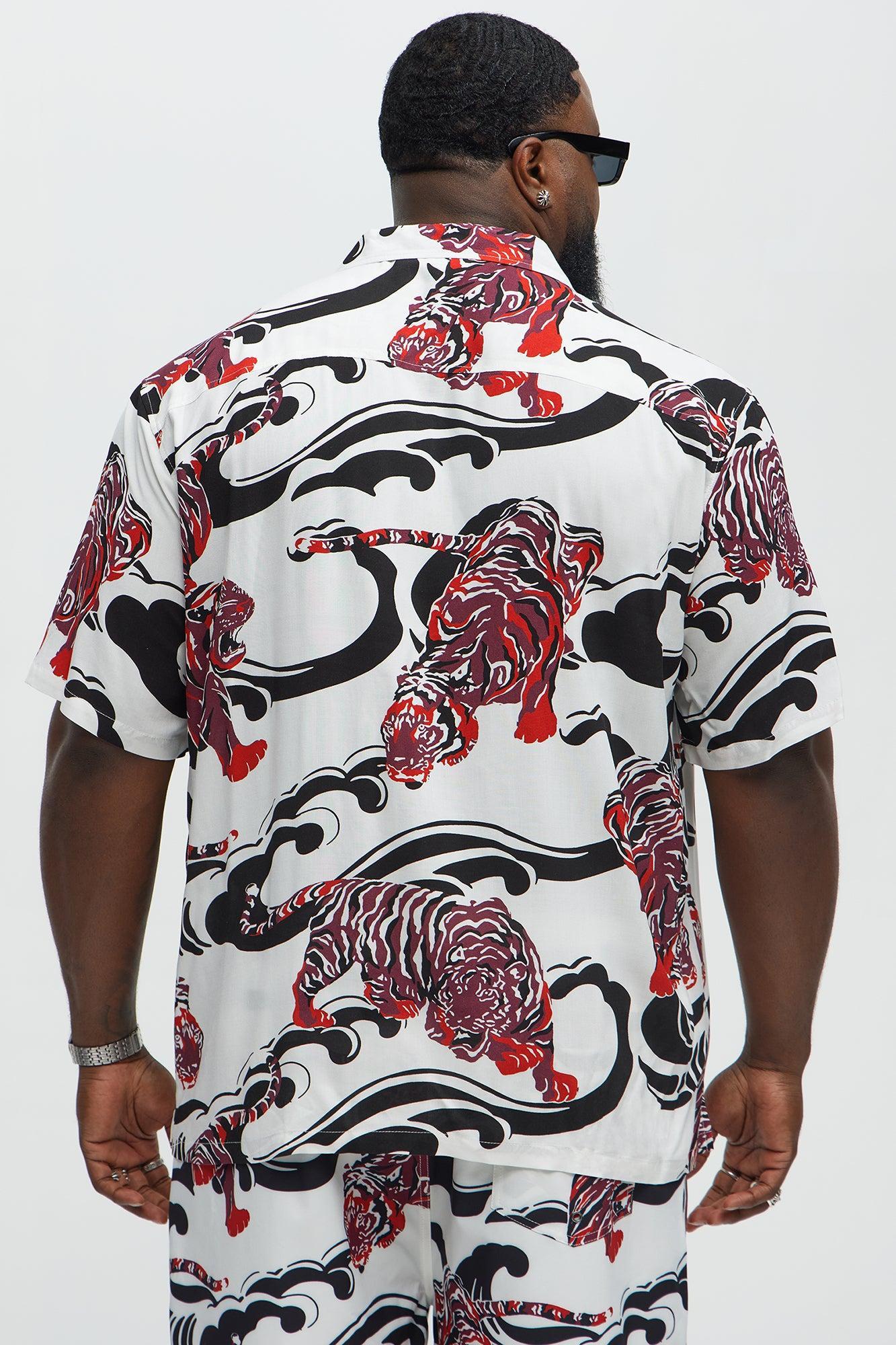 Tiger Waves Cuban Collar Button Up Shirt - White/combo Product Image