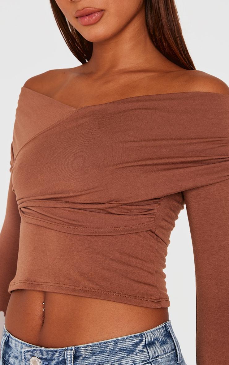 Brown Contour Jersey Bardot Foldover Long Sleeve Top Product Image