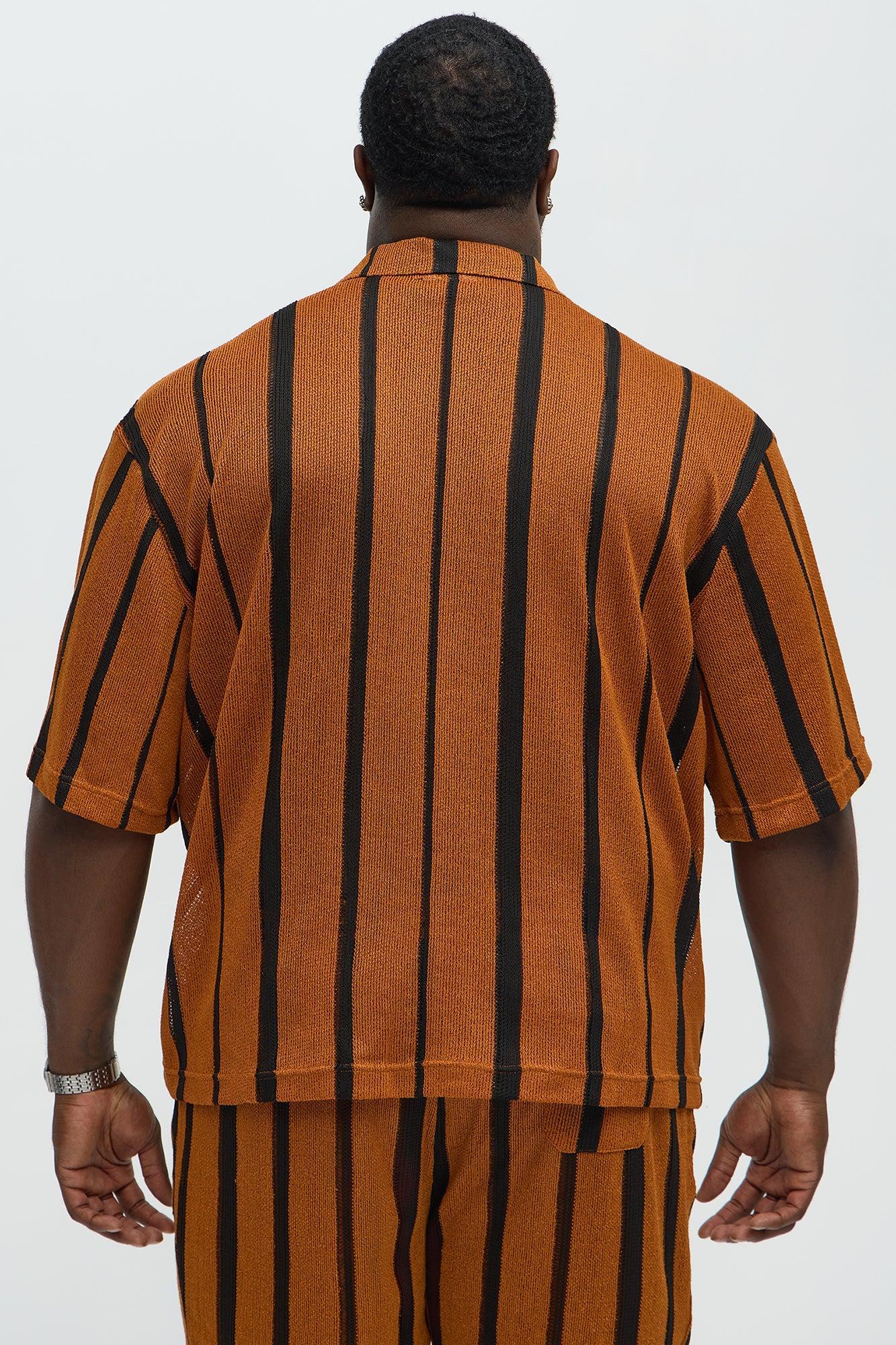 Open Knit Striped Textured Quarter Zip Polo - Brown Product Image