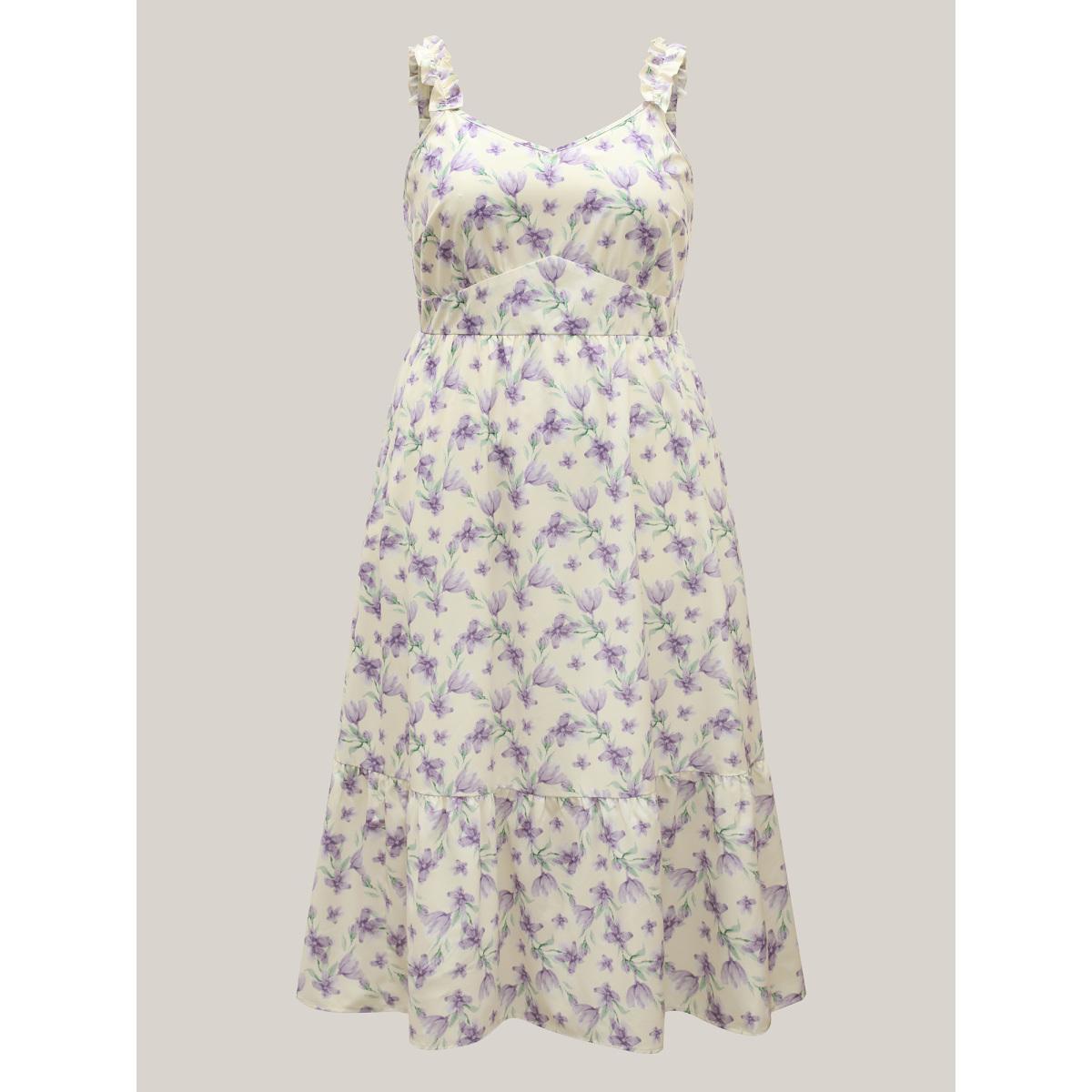 Plus Size Vine Floral Pockets Stretchy Waist Midi Dress Lightyellow Women Elegant Gathered V-neck Sleeveless Curvy BloomChic 30/6X Product Image