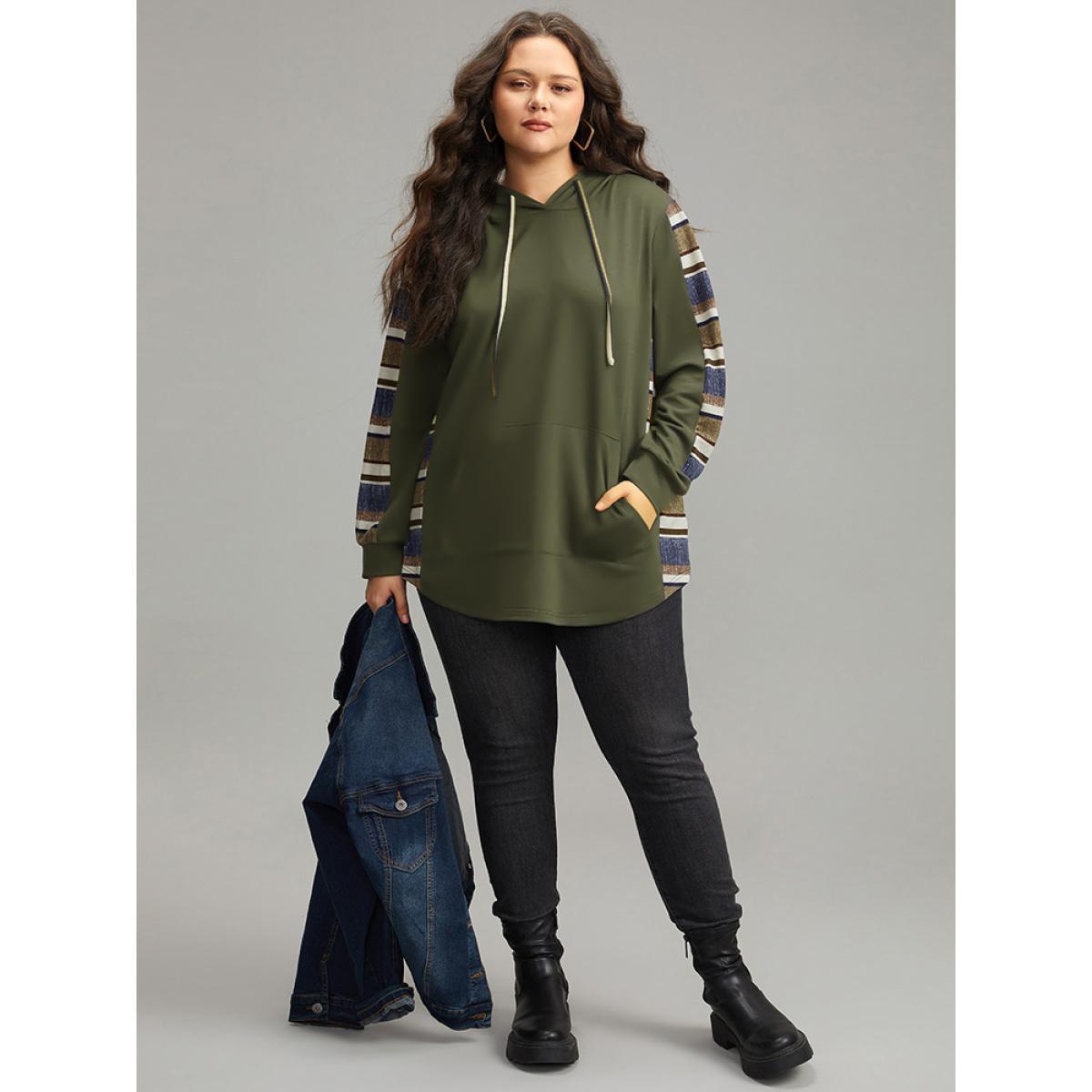 Plus Size Contrast Striped Hooded Ties Pocket Sweatshirt Women ArmyGreen Casual Contrast Hooded Dailywear Sweatshirts BloomChic 10/M Product Image