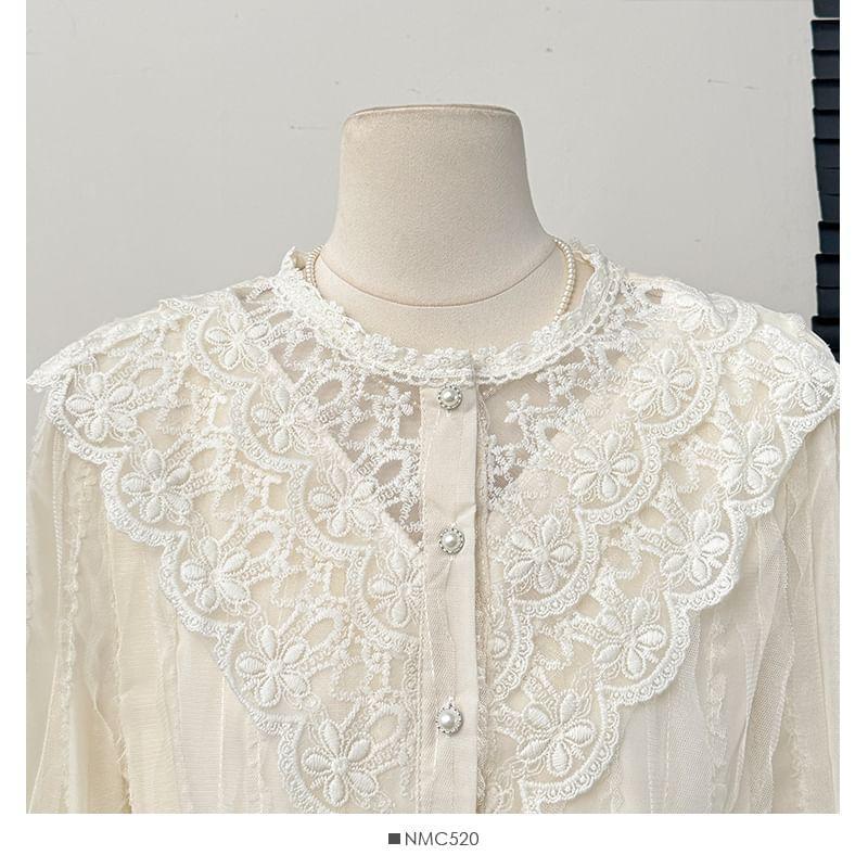 Lace-Panel Round-Neck Shirt Product Image