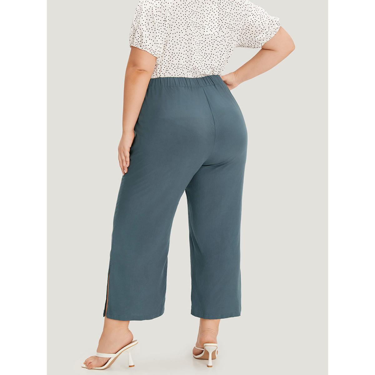 Plus Size Supersoft Essentials Solid Patched Pocket Split Side Pants Women Indigo Elegant Straight Leg High Rise Dailywear Pants BloomChic 10/M Product Image