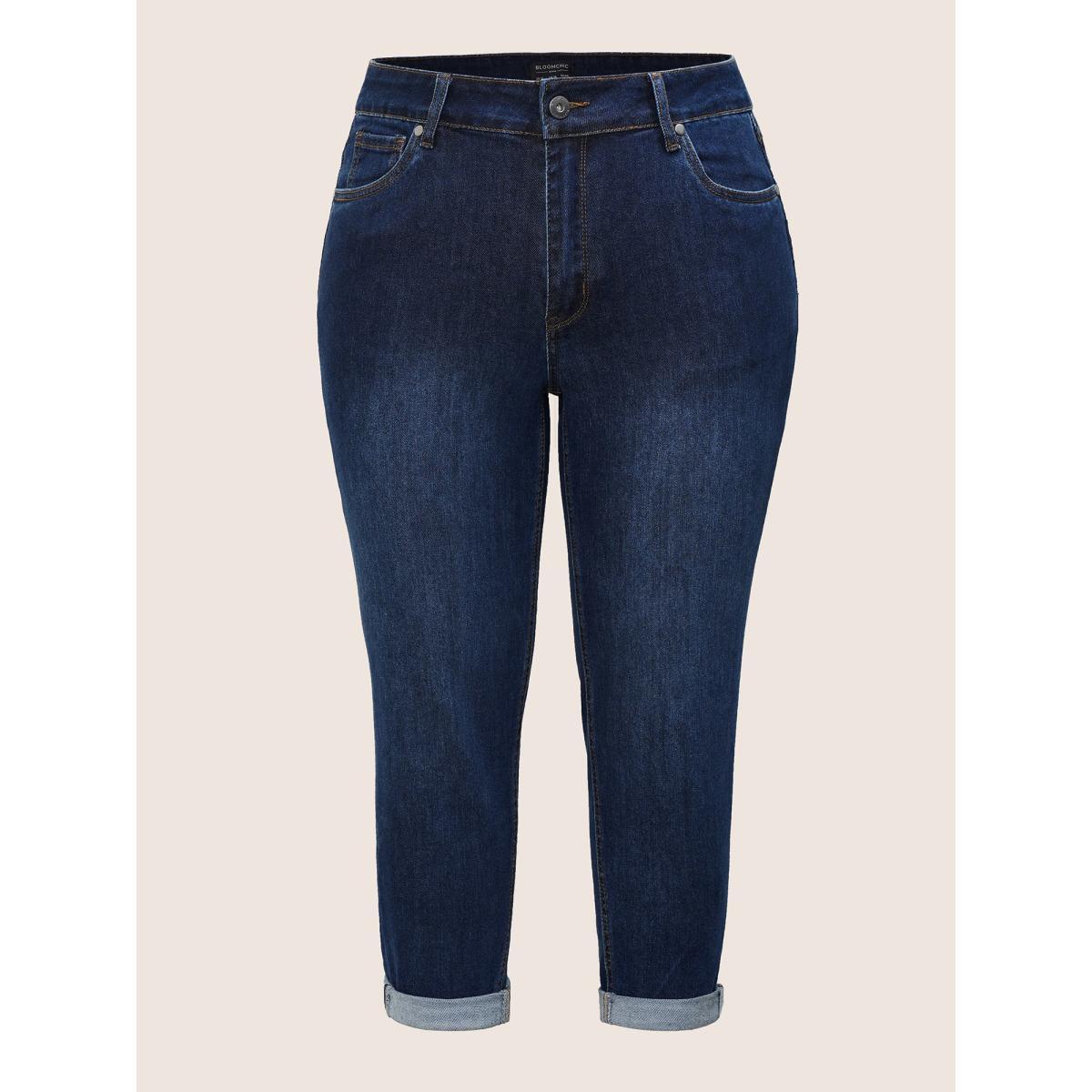 Plus Size Very Stretchy High Rise Dark Wash Cropped Jeans Women DarkBlue Casual Plain High stretch Slanted pocket Jeans BloomChic 26/4X Product Image