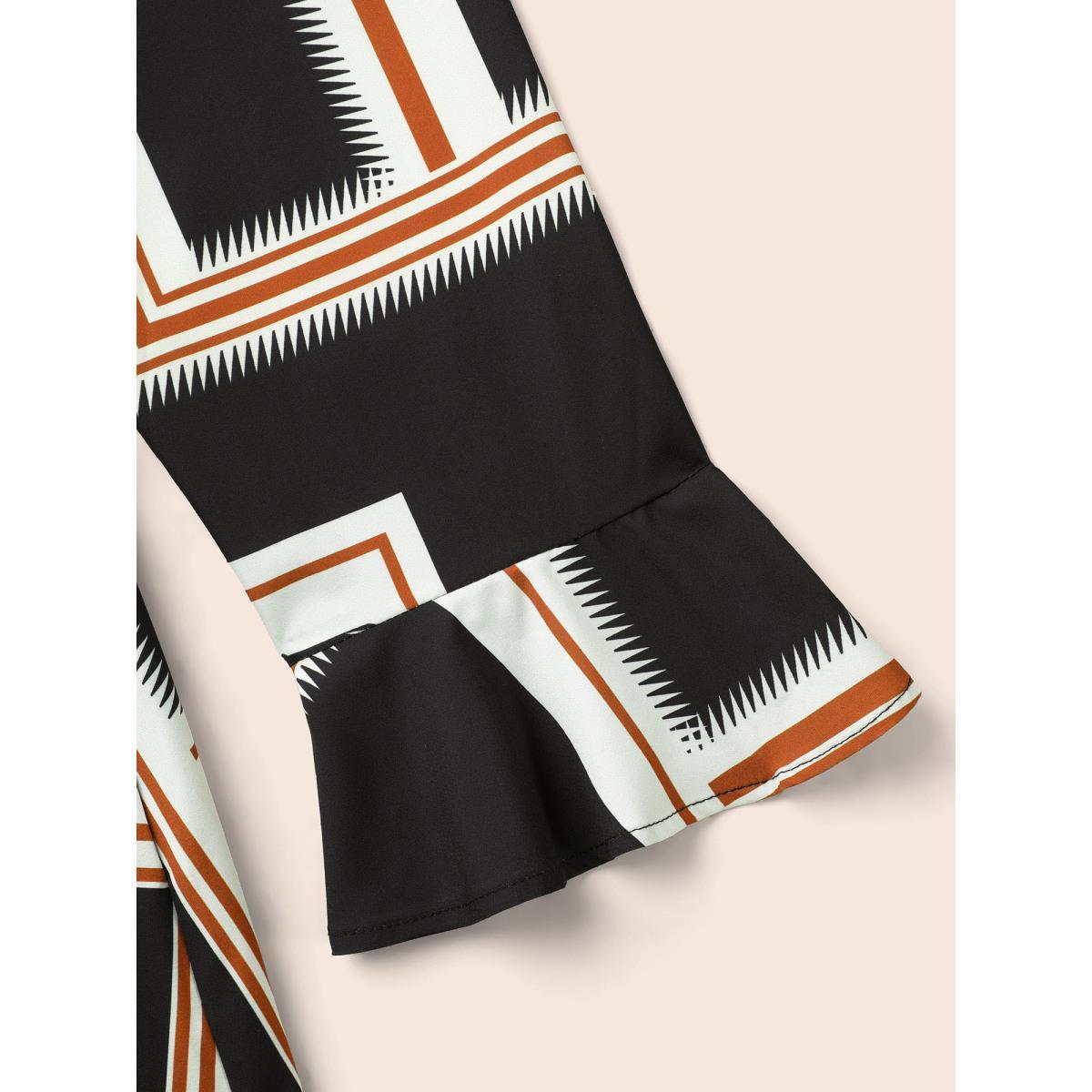 Plus Size Notched Collar Geometric Contrast Belted Dress Indigo Women At the Office Belted Notched collar Long Sleeve Curvy BloomChic 22-24/3X Product Image