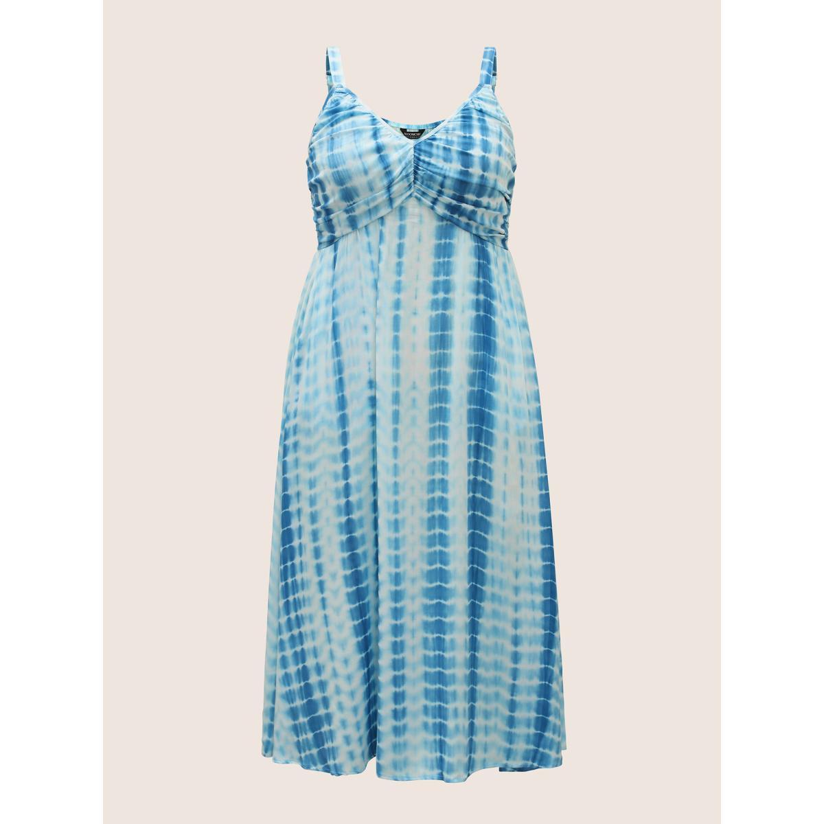 Plus Size Tie Dye Split Hem Maxi Cami Dress Skyblue Women Resort Gathered V-neck Sleeveless Curvy BloomChic 14-16/1X Product Image