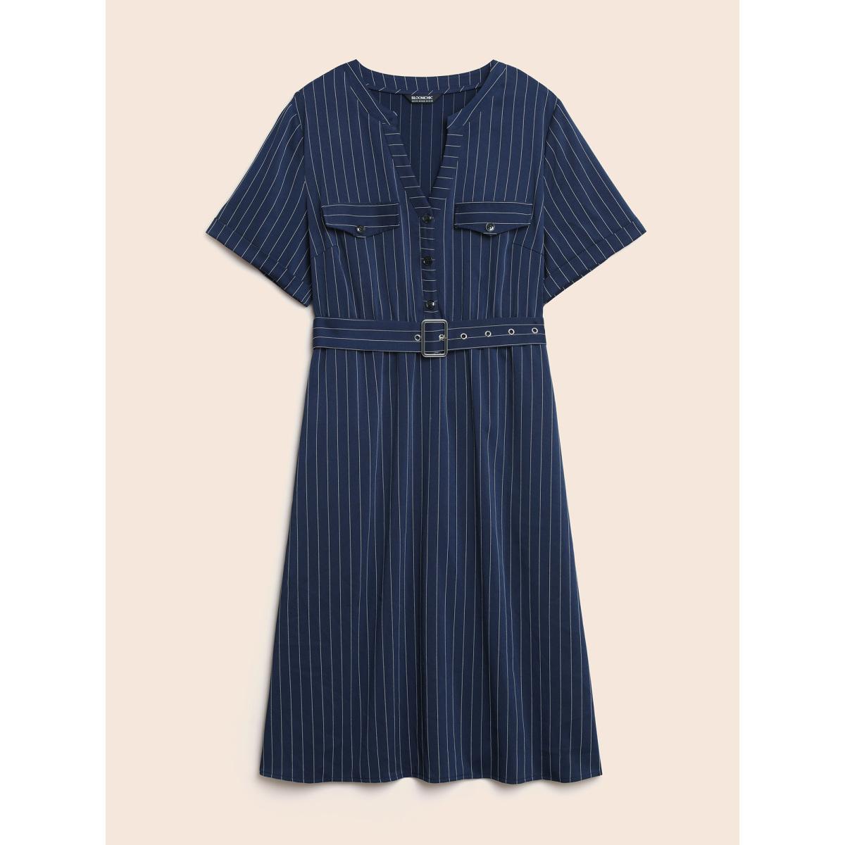 Plus Size Striped Notched Button Detail Belted Dress Navy Women At the Office Belted Flat collar with V-notch Short sleeve Curvy BloomChic 10/M Product Image
