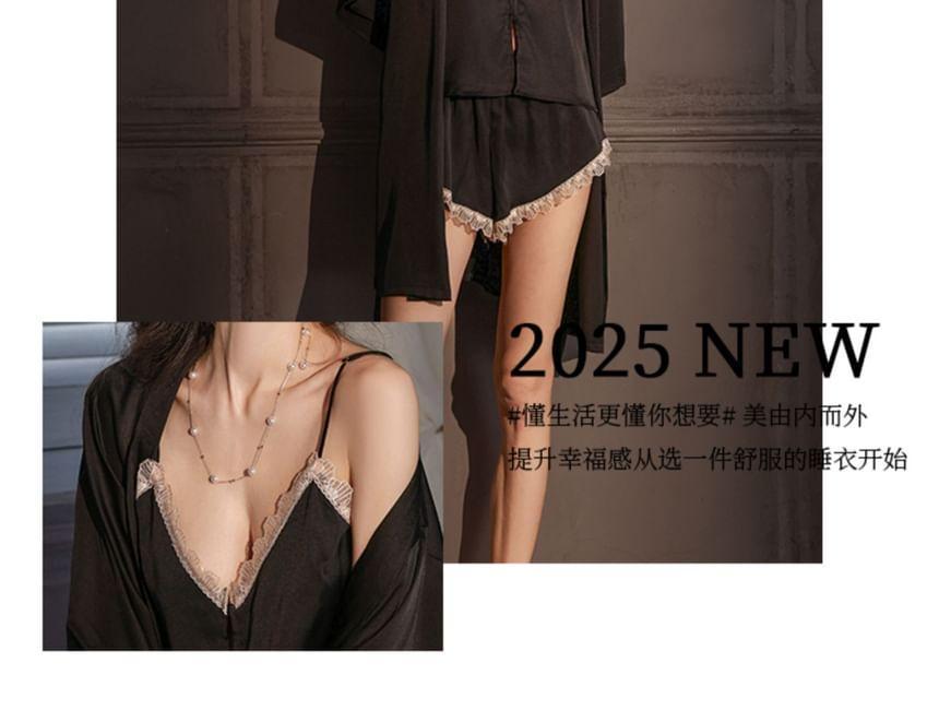 Set: V-Neck Button Padded Panel Lace Cami Top + Shorts + Robe Product Image