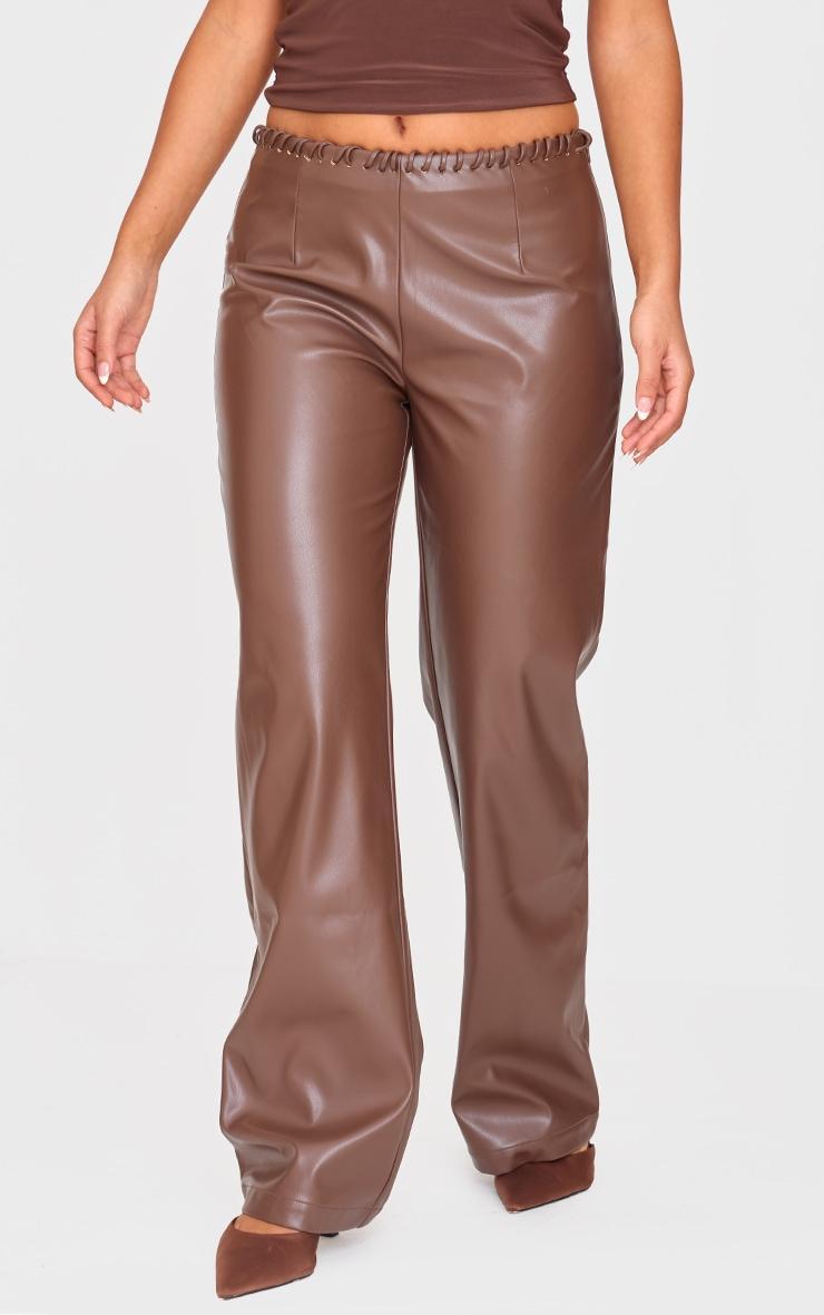 Petite Chocolate Faux Leather Lace Up Straight Leg Pants Product Image