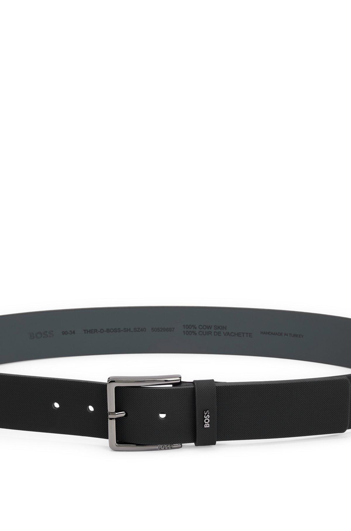 Embossed-leather belt with pin buckle and logo keeper Product Image