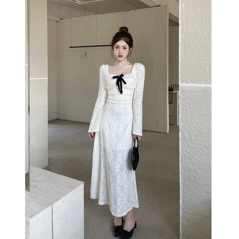 Long Sleeve Square Neck Bow Frill Maxi A-Line Dress Product Image