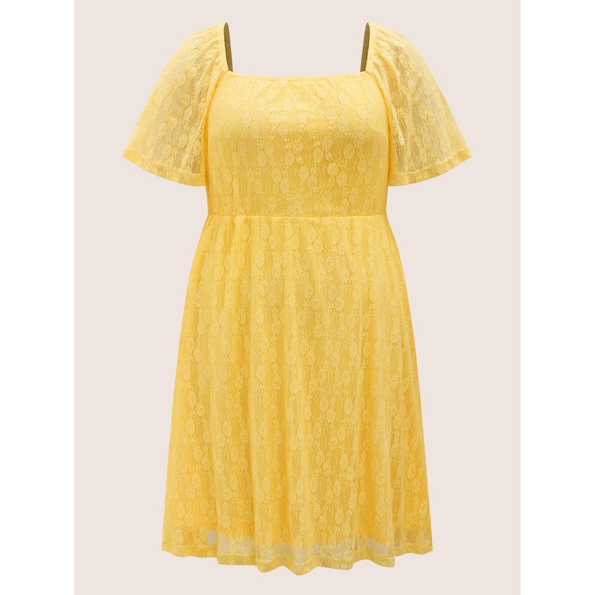 Plus Size Crochet Lace Mesh Ruffle Sleeve Dress Yellow Women Elegant Woven ribbon&lace trim Square Neck Short sleeve Curvy BloomChic 30/6X Product Image