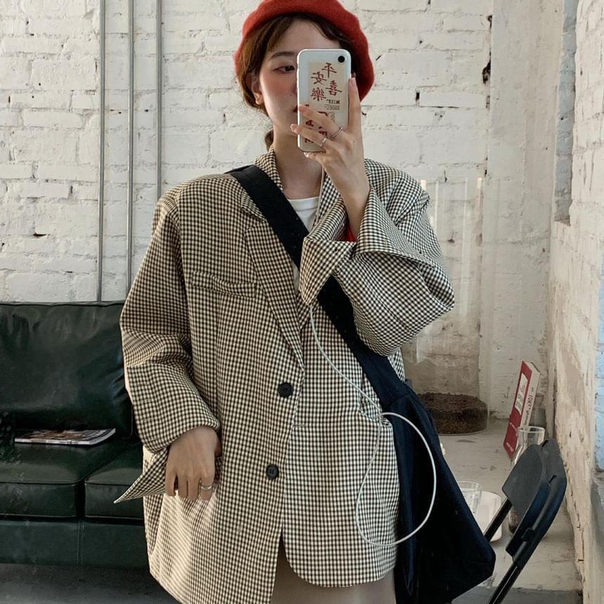 Plaid Single-Breasted Blazer / High Waist Midi A-Line Skirt Product Image