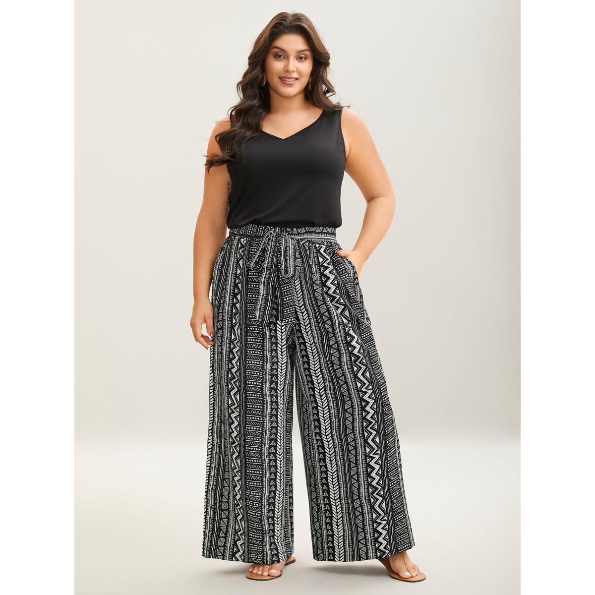 Plus Size Waist-Tie Wide-Leg Boho Print Pants Women Black Casual Wide Leg Mid Rise Everyday-Casual Pants BloomChic 12/L Product Image