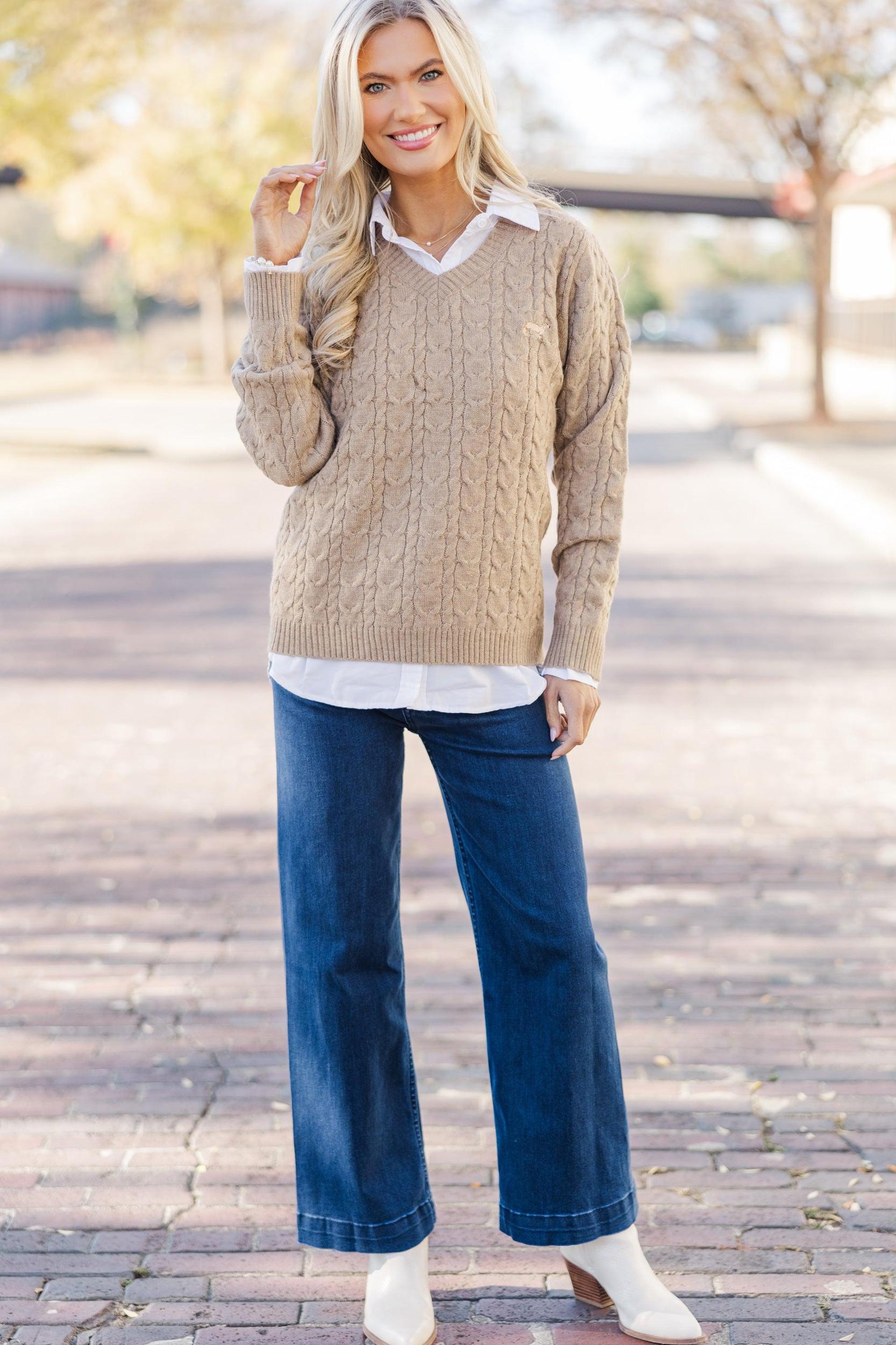 Can't Forget Taupe Dachshund Cable Knit Sweater Female Product Image